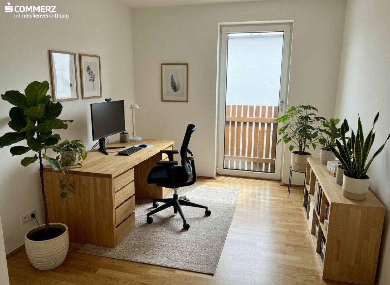 Helles Arbeitszimmer mit Holzschreibtisch, Pflanzen und Zugang zu einem Balkon.