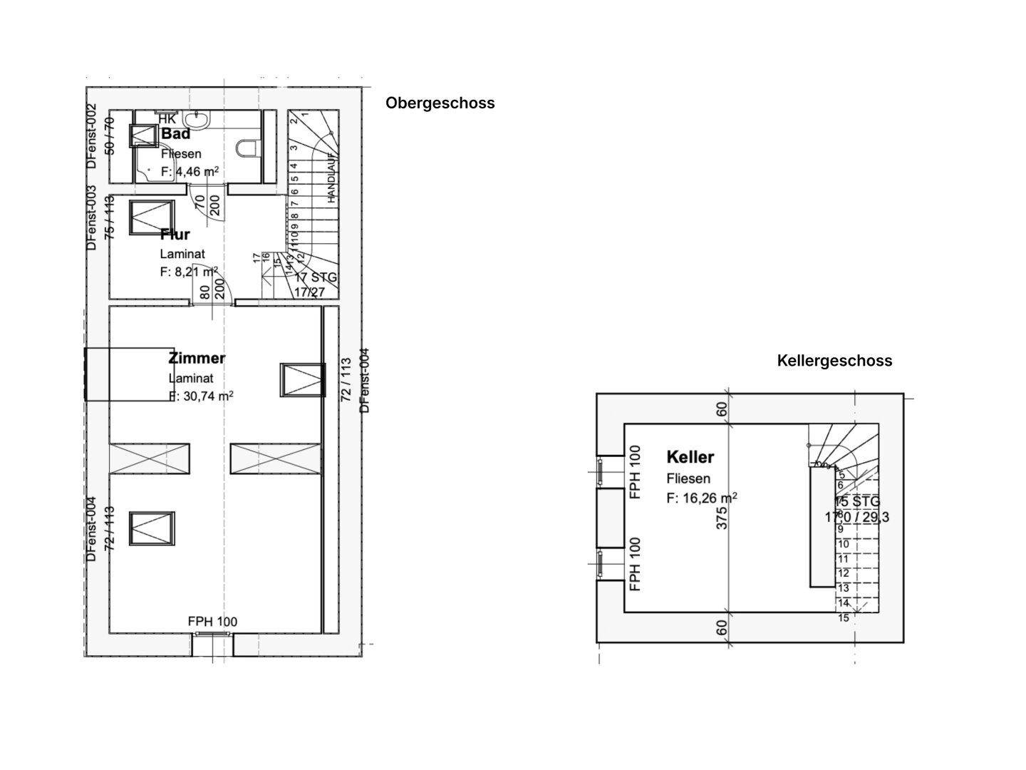 Grundriss des Obergeschosses und Kellergeschosses mit Zimmern und Bad.