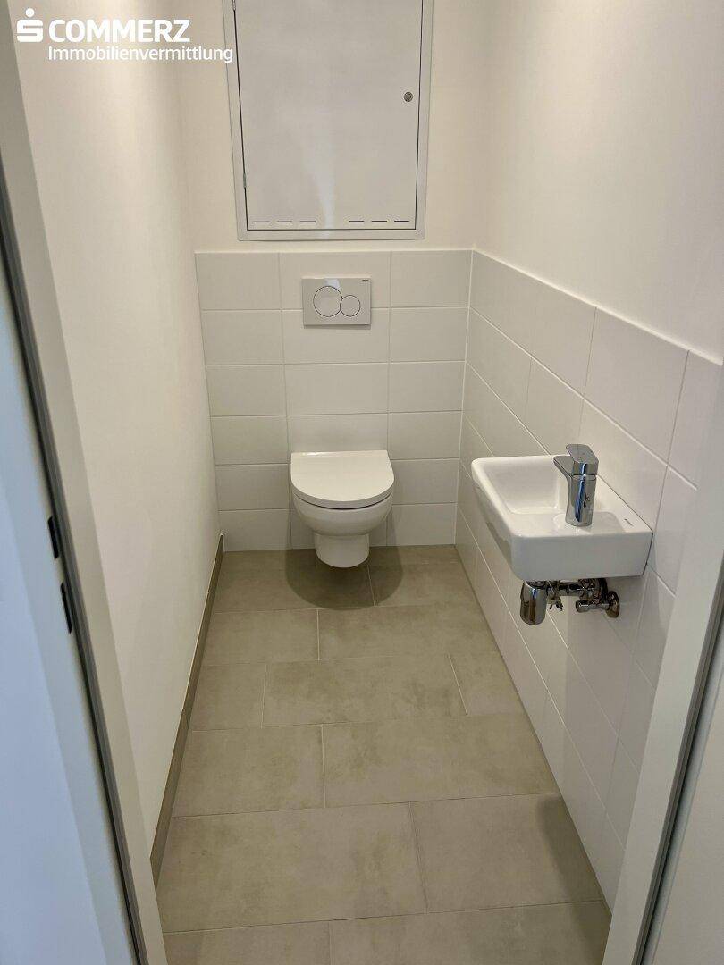 Kleines Gäste-WC mit wandhängender Toilette und Handwaschbecken.