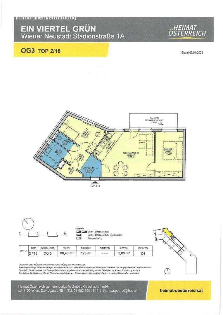 Grundriss einer Wohnung im dritten Obergeschoss mit Balkon und drei Zimmern.