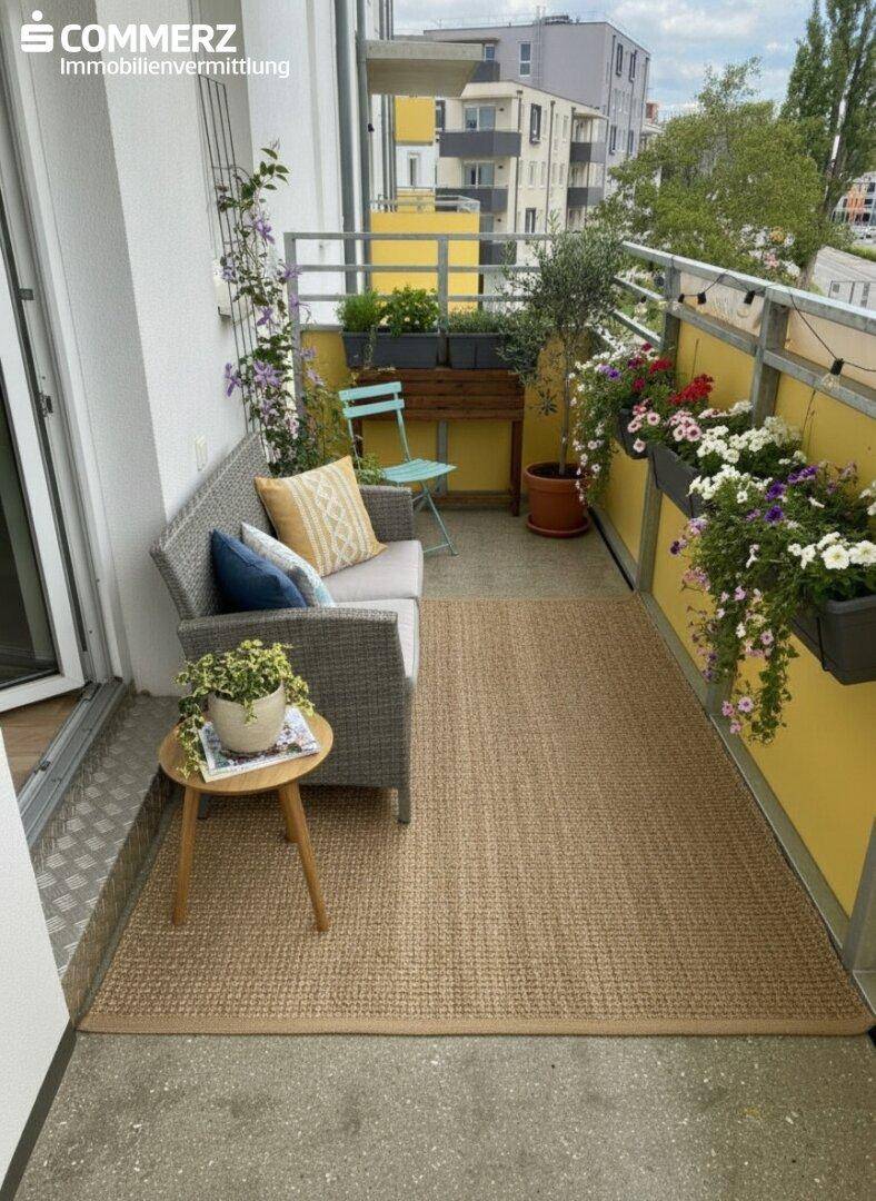 Gemütlich eingerichteter Balkon mit Pflanzen, Sitzgelegenheiten und Blick auf die Umgebung.
