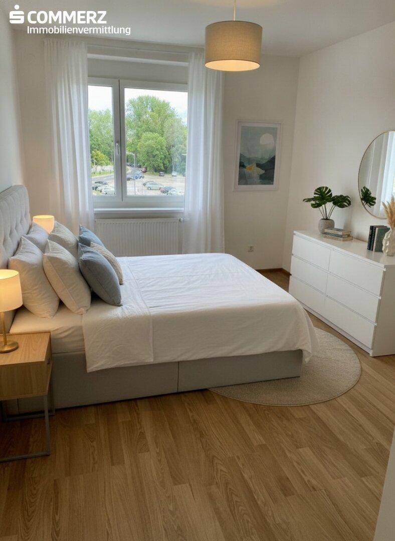 Gemütliches Schlafzimmer mit Doppelbett, Kommode, rundem Spiegel und hellem Laminatboden.