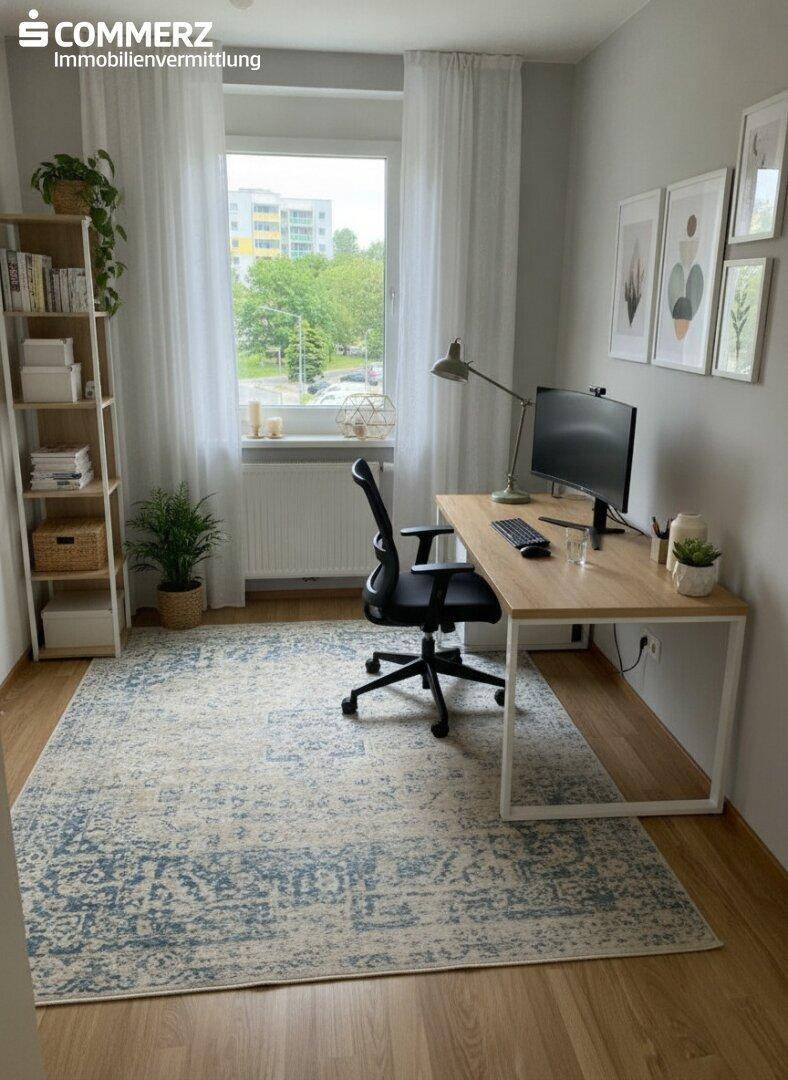 Helles Arbeitszimmer mit Schreibtisch, Bürostuhl, Bücherregal und einem gemusterten Teppich.
