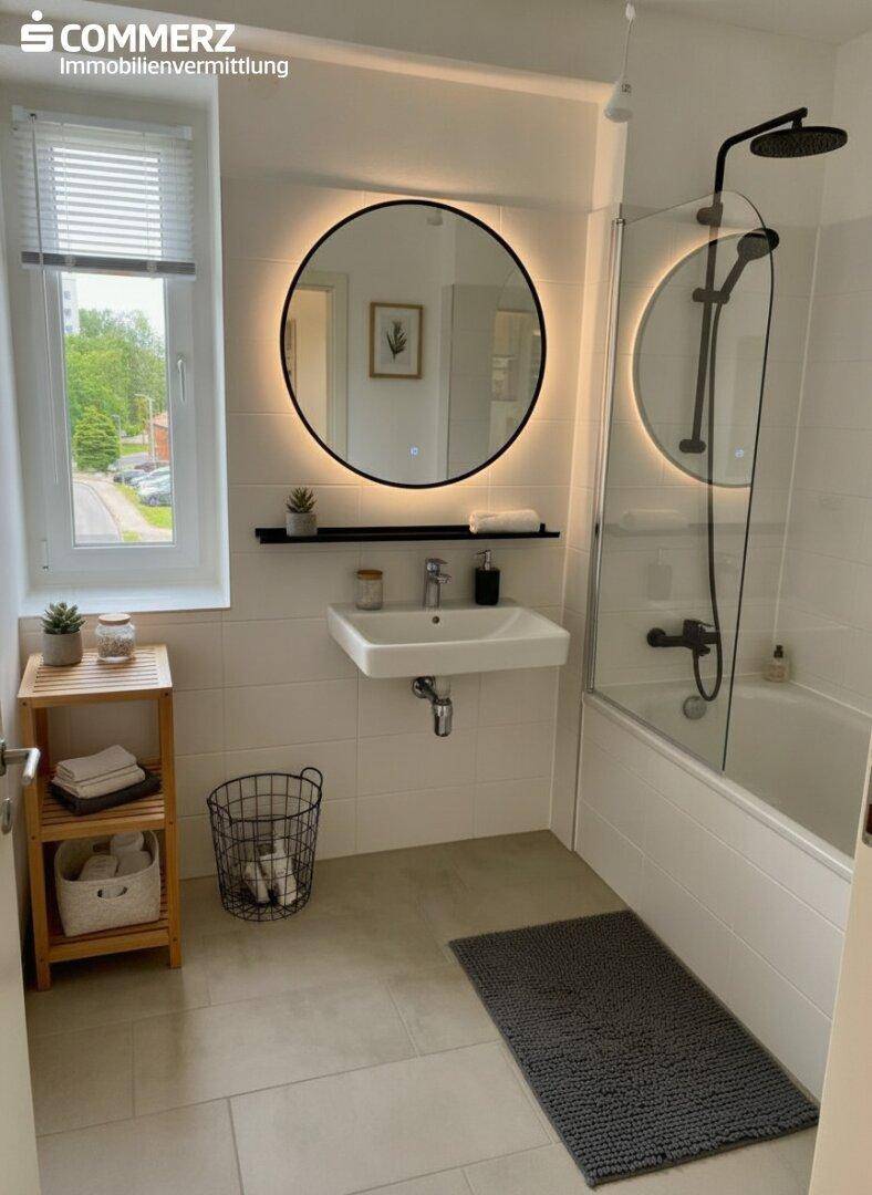 Modernes Badezimmer mit beleuchtetem Spiegel, Dusch-Badewannen-Kombination und Fenster.