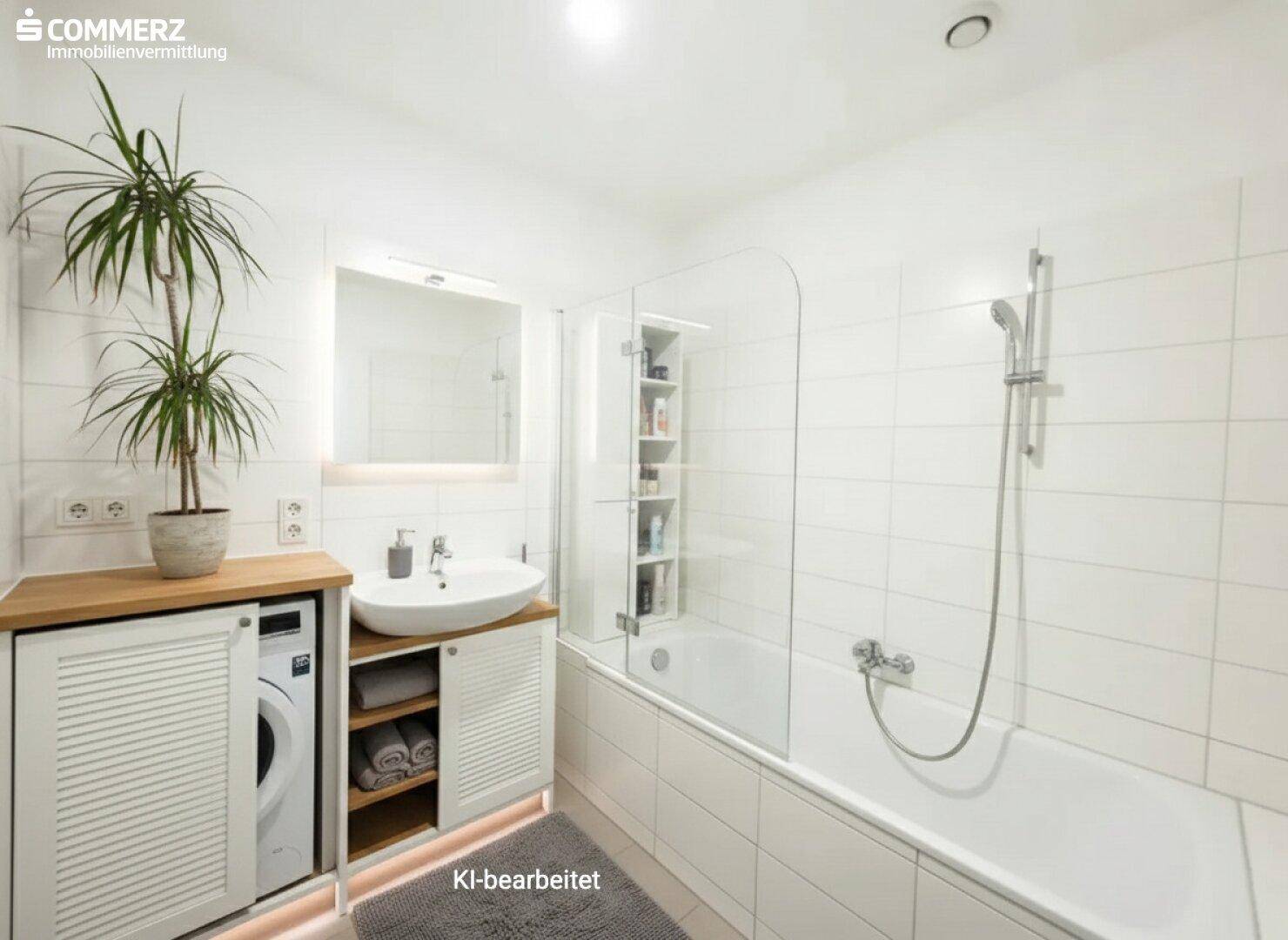 Modernes Badezimmer mit Badewanne, integrierter Waschmaschine und weißen Fliesen.