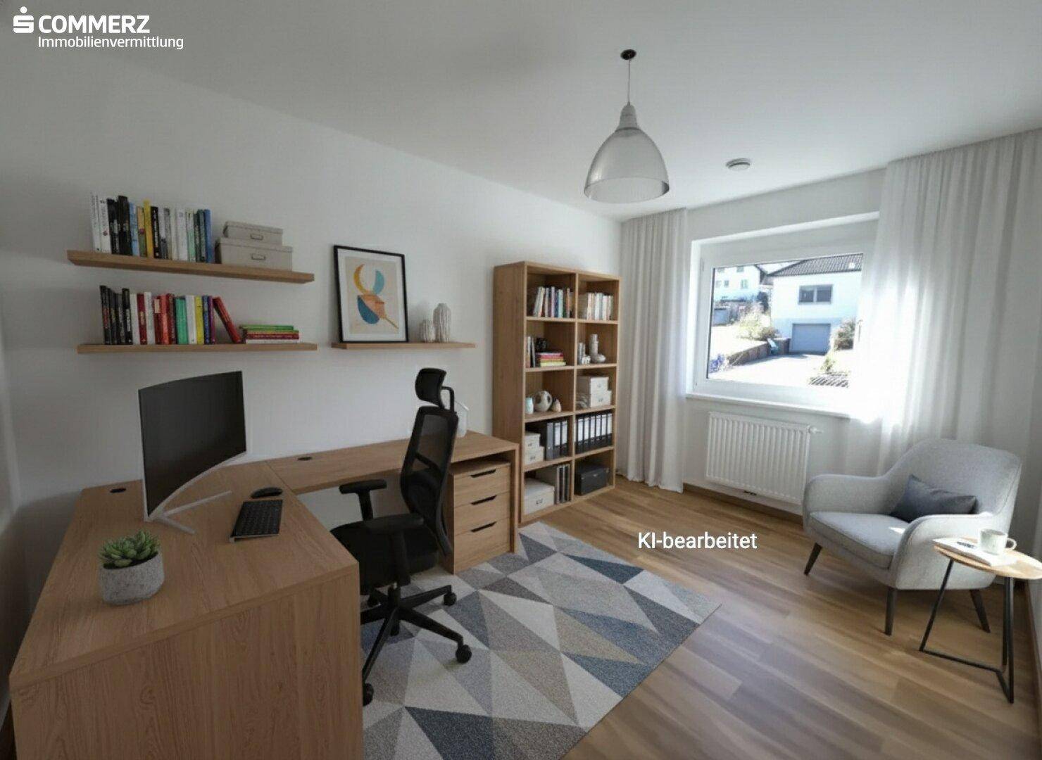 Helles Arbeitszimmer mit großem Schreibtisch, Bücherregalen und Blick ins Grüne.