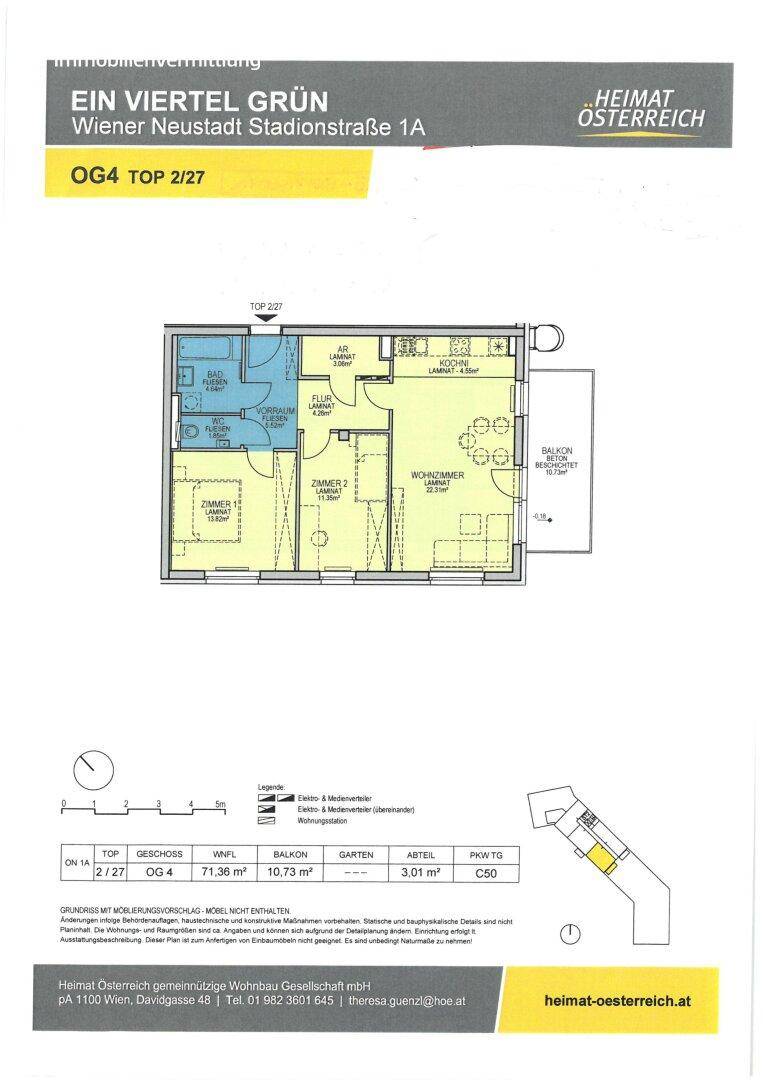 Grundriss einer Wohnung mit drei Zimmern, Balkon und klarer Raumaufteilung.
