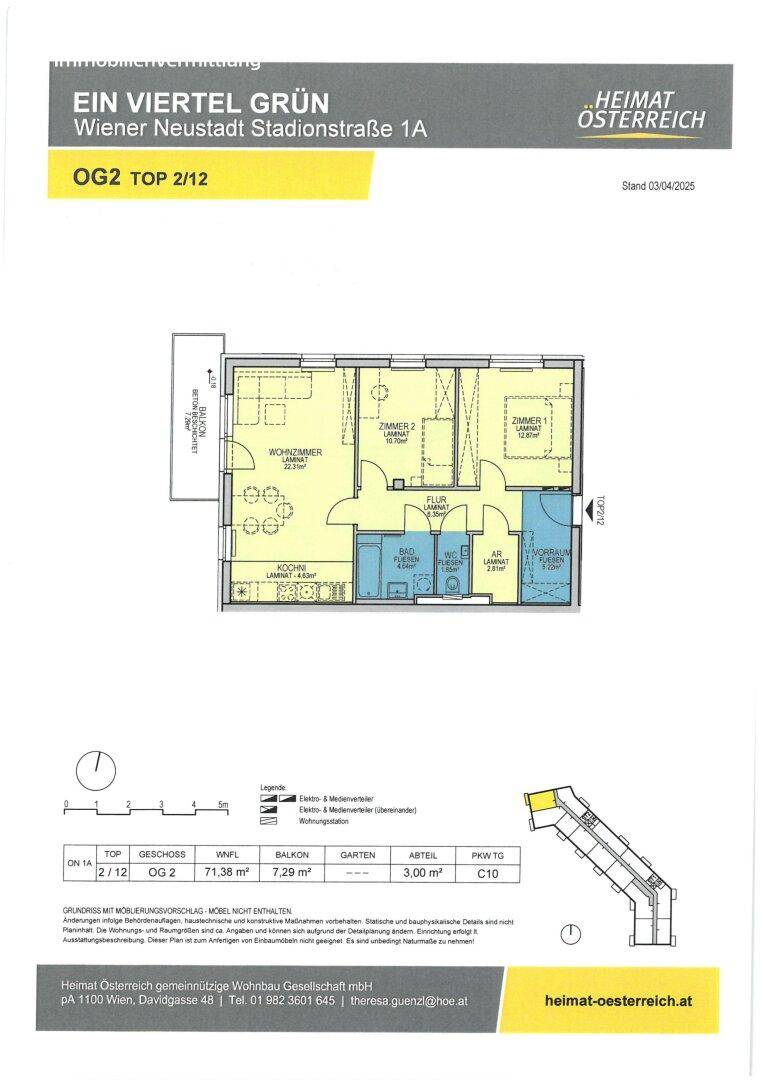 Detaillierter Grundriss einer Wohnung mit drei Zimmern, Balkon und klarer Raumaufteilung.