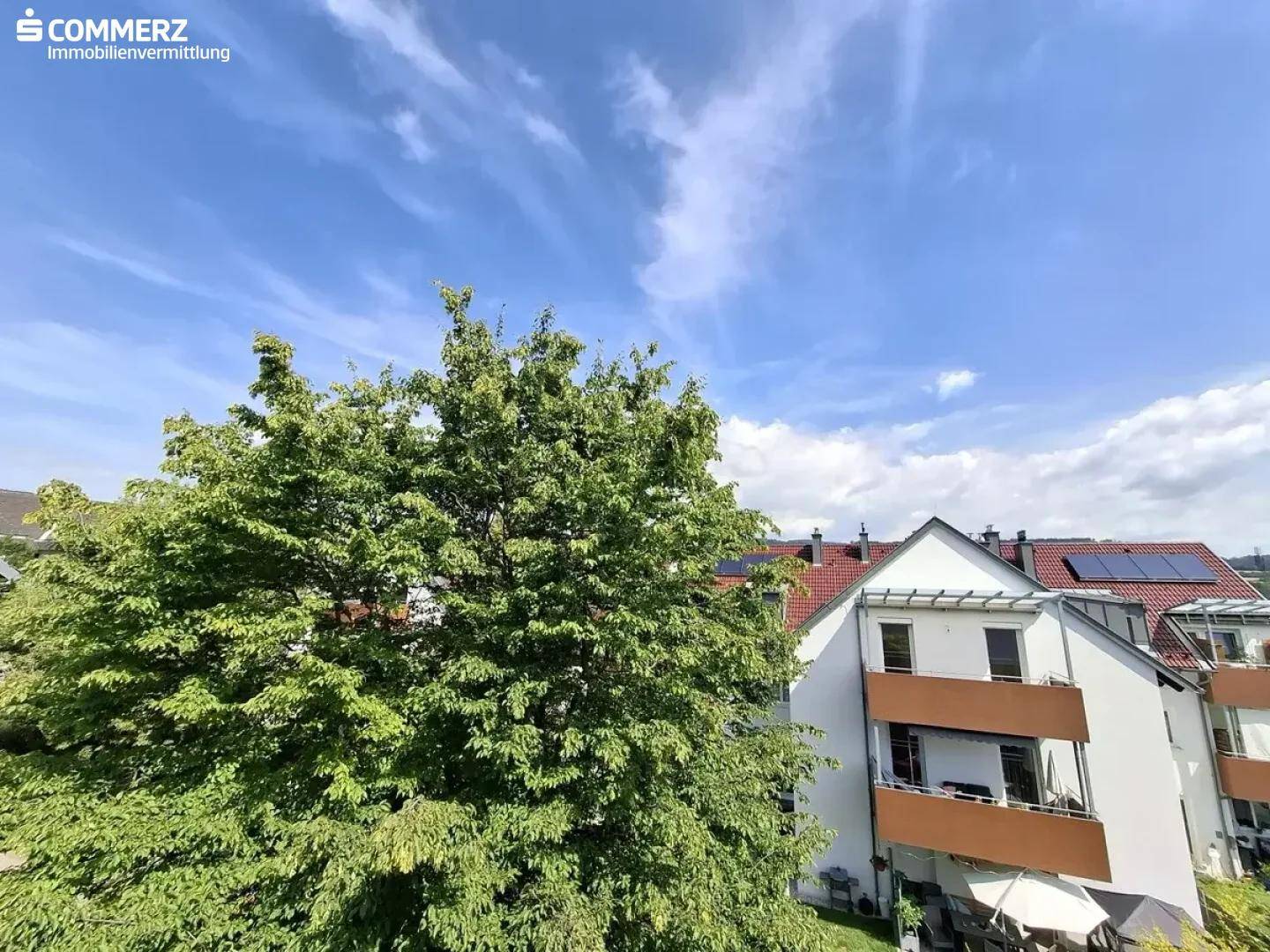 Grüner Ausblick auf Bäume und Dächer der Nachbargebäude unter blauem Himmel.