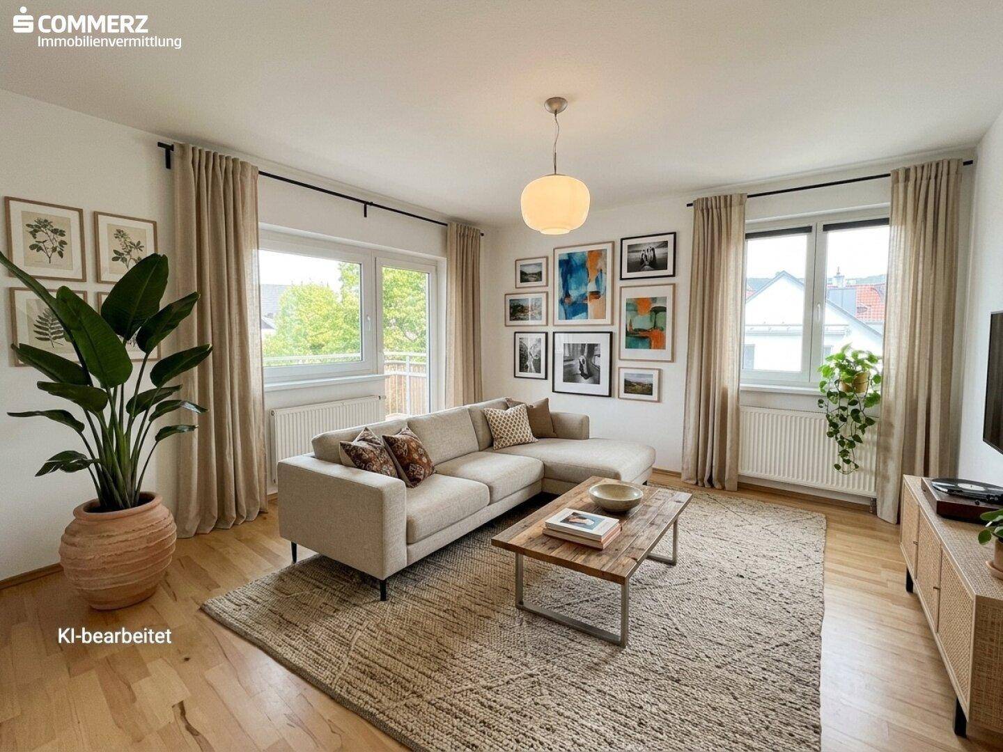 Helles Wohnzimmer mit beigem Ecksofa, Holzboden und Blick ins Grüne durch große Fenster.