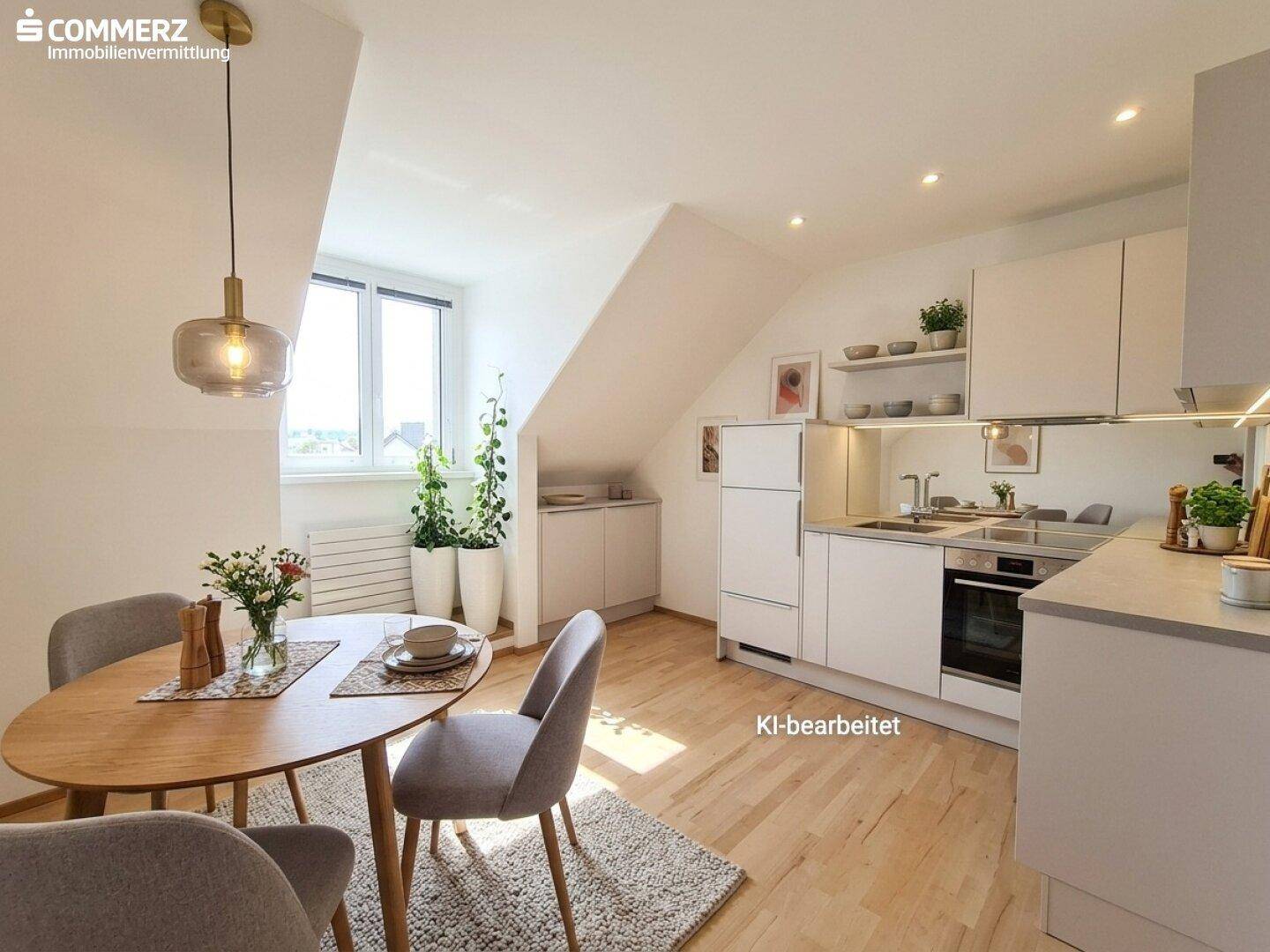 Moderne Küche mit Essbereich unter Dachschrägen, hellen Schränken und Holzboden.