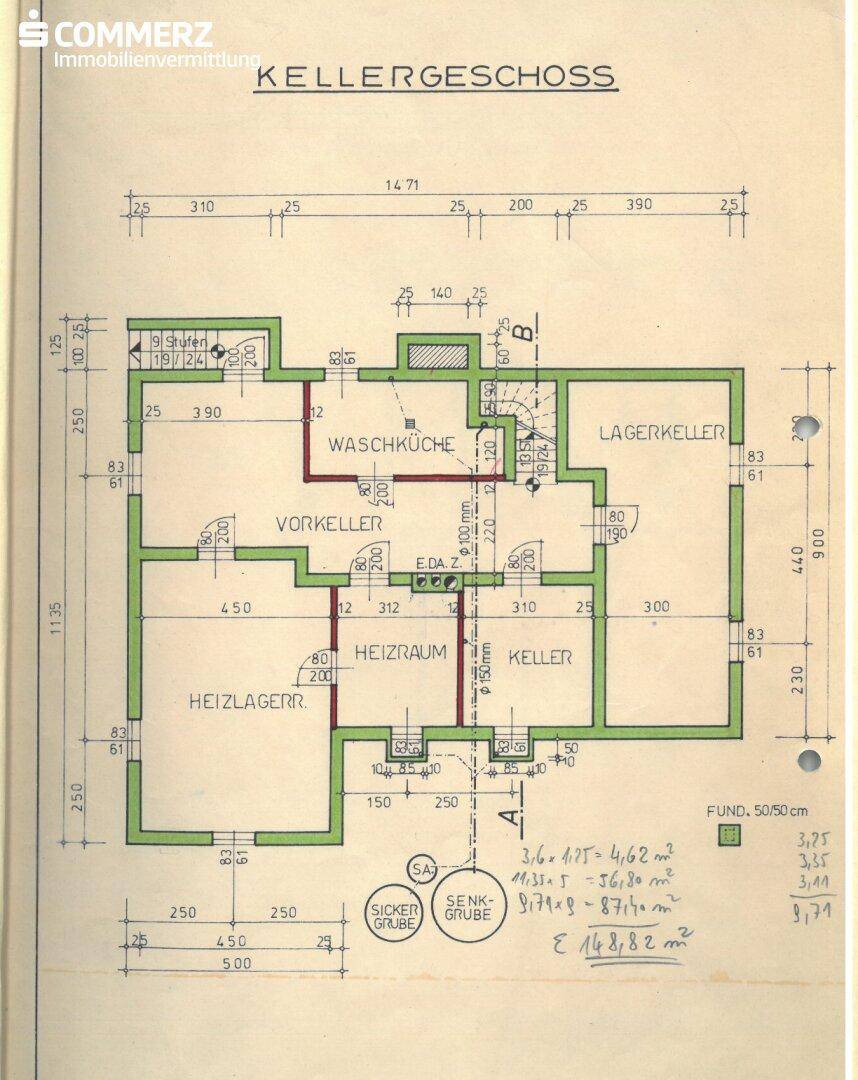 Grundriss des Kellergeschosses mit Waschküche, Heizraum und verschiedenen Lagerräumen.