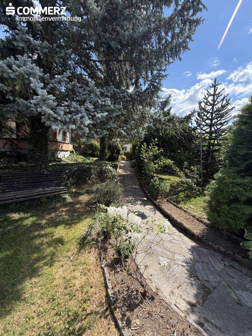 Steinweg führt durch einen üppigen Garten mit hohen Bäumen und verschiedenen Sträuchern.