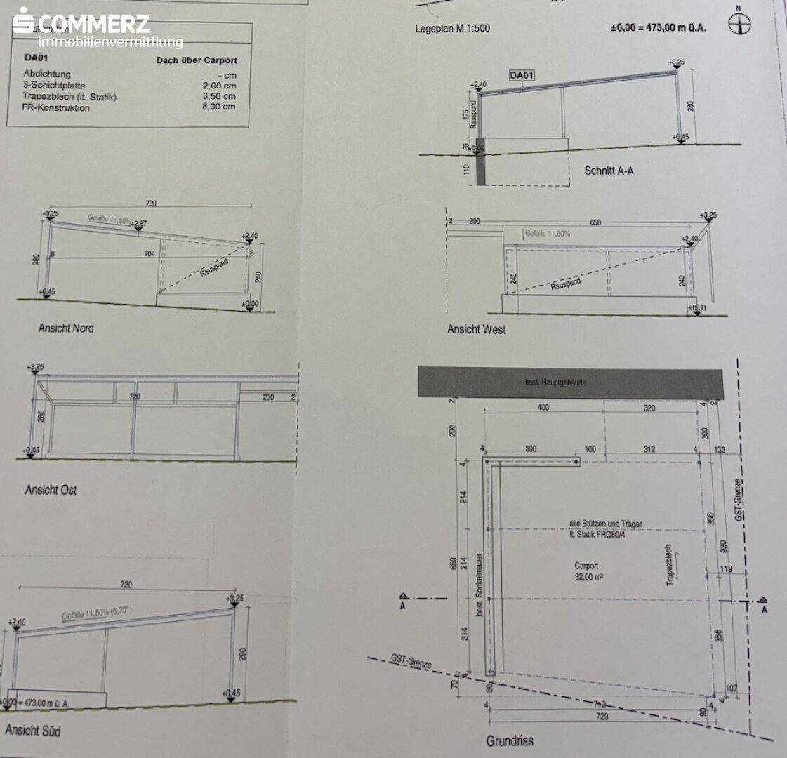 Detaillierte Baupläne eines Carports mit verschiedenen Ansichten und Schnitten.
