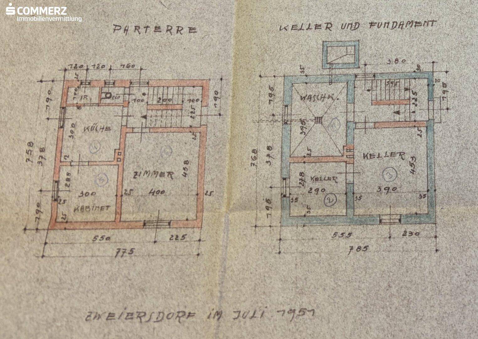 Historischer Grundriss von Parterre, Keller und Fundament mit handschriftlichen Notizen.