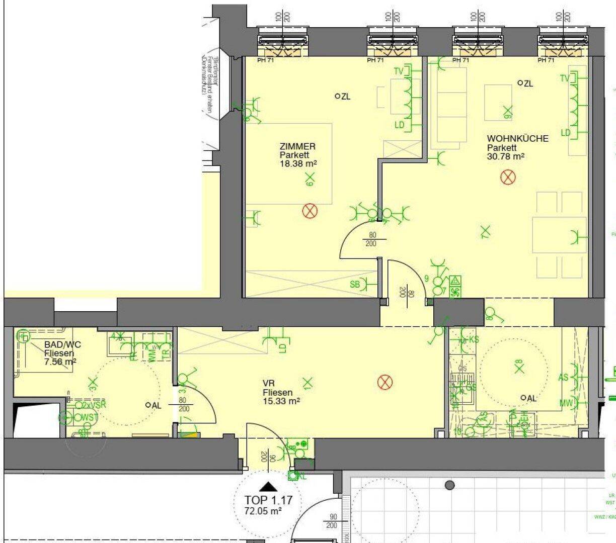 Grundriss einer Wohnung mit Wohnküche, Zimmer und Bad/WC auf 72.05 m².