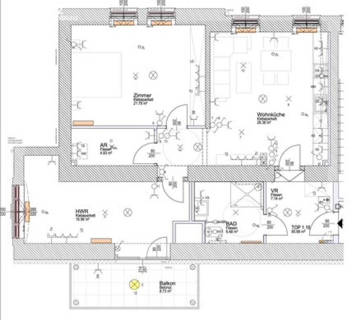 Detaillierter Grundriss einer Wohnung mit Schlafzimmer, Wohnküche und Balkon.