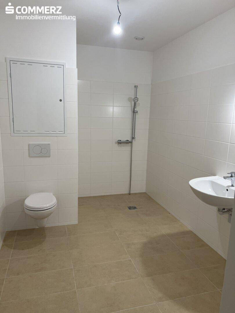 Modernes Badezimmer mit weiß gefliesten Wänden, WC und ebenerdiger Dusche.