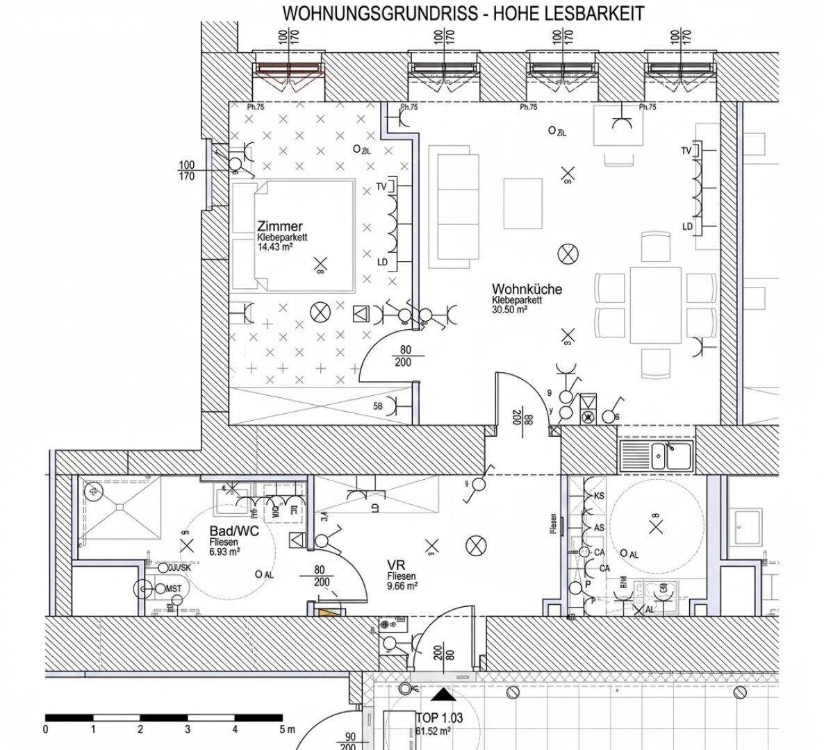 Detaillierter Grundriss der Wohnung mit Zimmern, Wohnküche und Bad/WC, inklusive Flächenangaben.