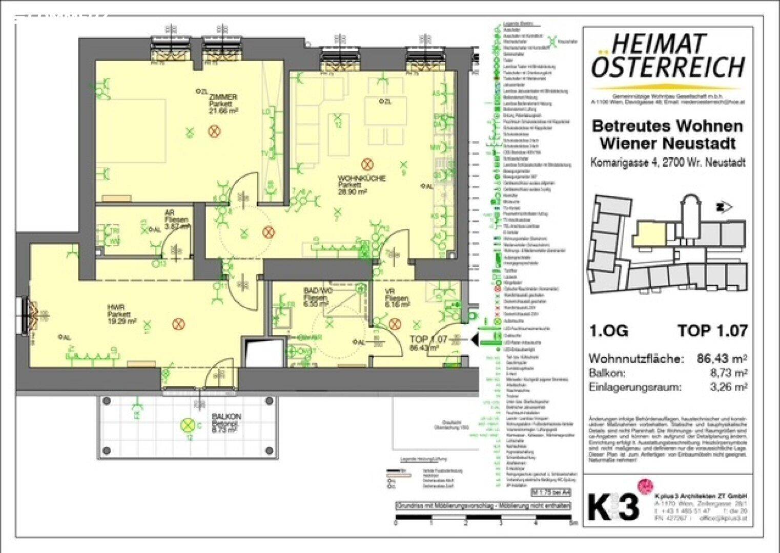 Detaillierter Grundriss einer Wohnung im ersten Obergeschoss mit Balkon und Lagerraum.