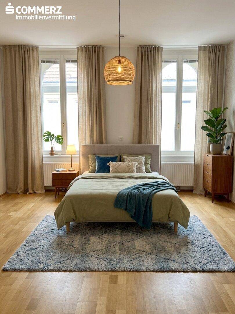 Gemütliches Schlafzimmer mit Holzboden, großem Bett und zwei Fenstern mit Vorhängen.