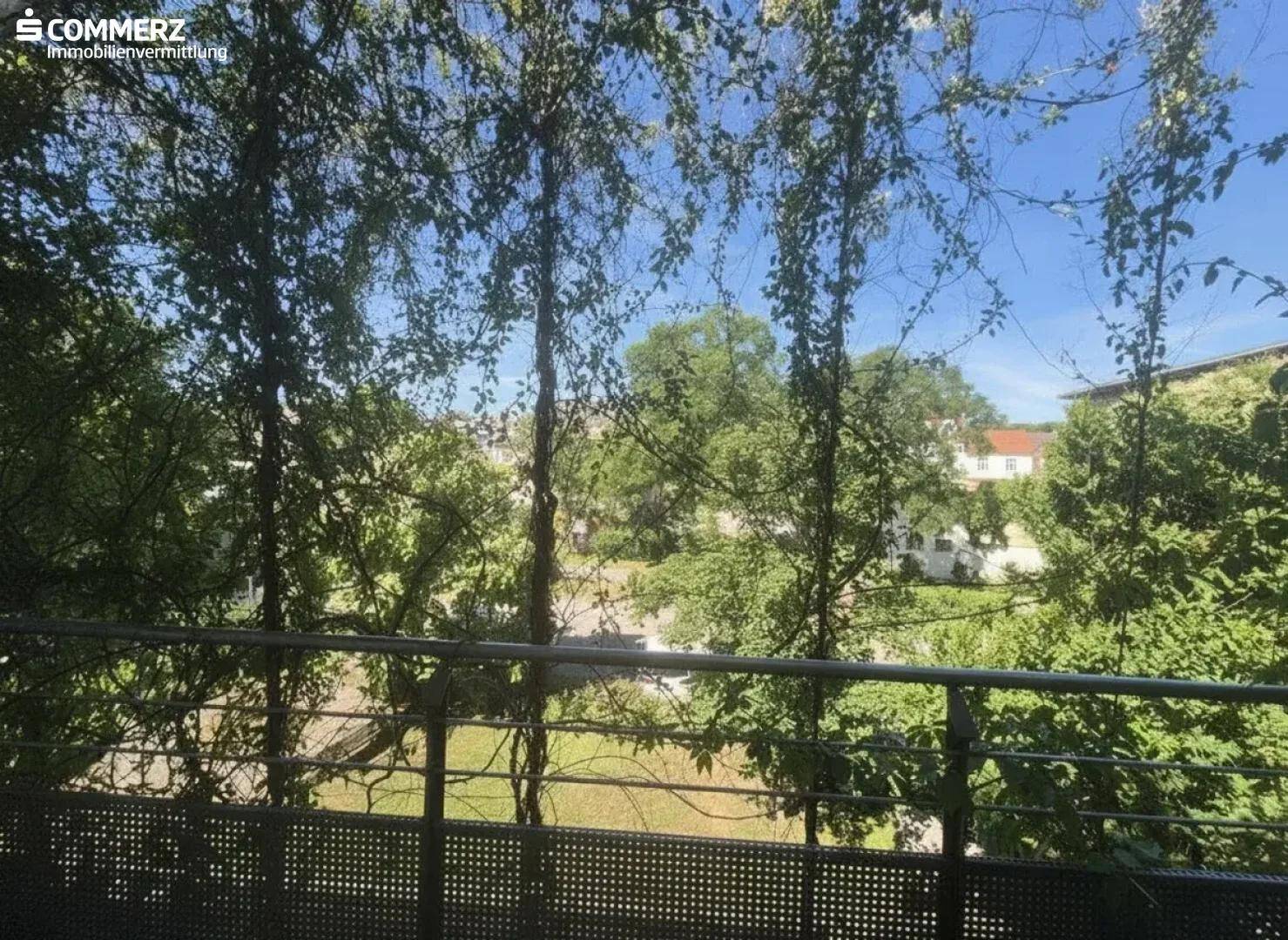 Grüner Ausblick von einem Balkon, umgeben von dichtem Laubwerk und Bäumen.