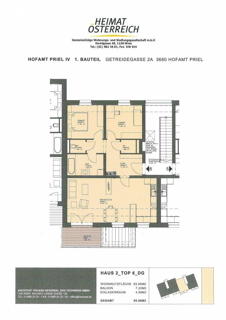 Grundriss einer modernen Wohnung mit offenem Wohn-Essbereich, zwei Schlafzimmern, Bad und Balkon.