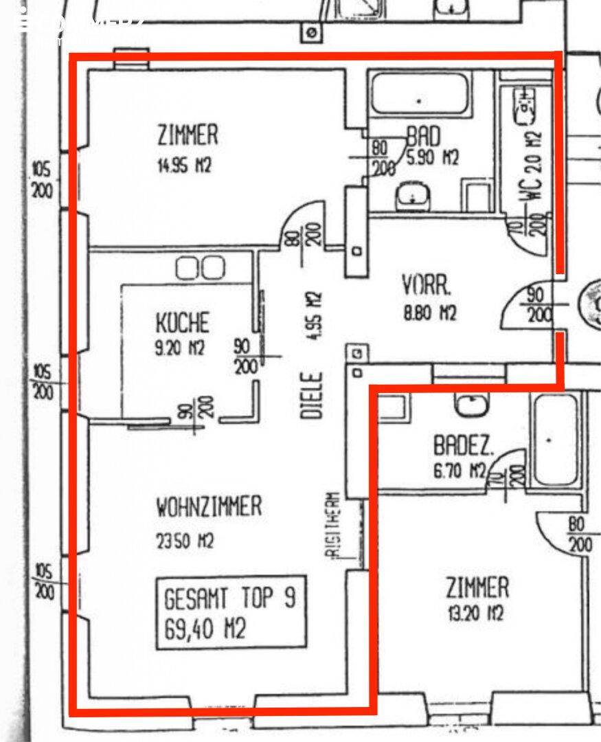 Grundriss einer Wohnung mit hervorgehobener Gesamtfläche von 69,40 m².