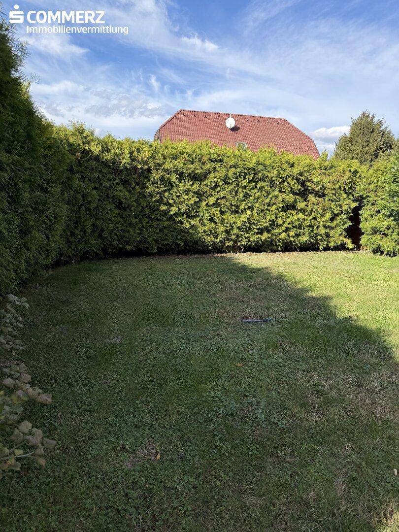 Gepflegter Gartenbereich mit Rasenfläche und hoher Hecke unter blauem Himmel.
