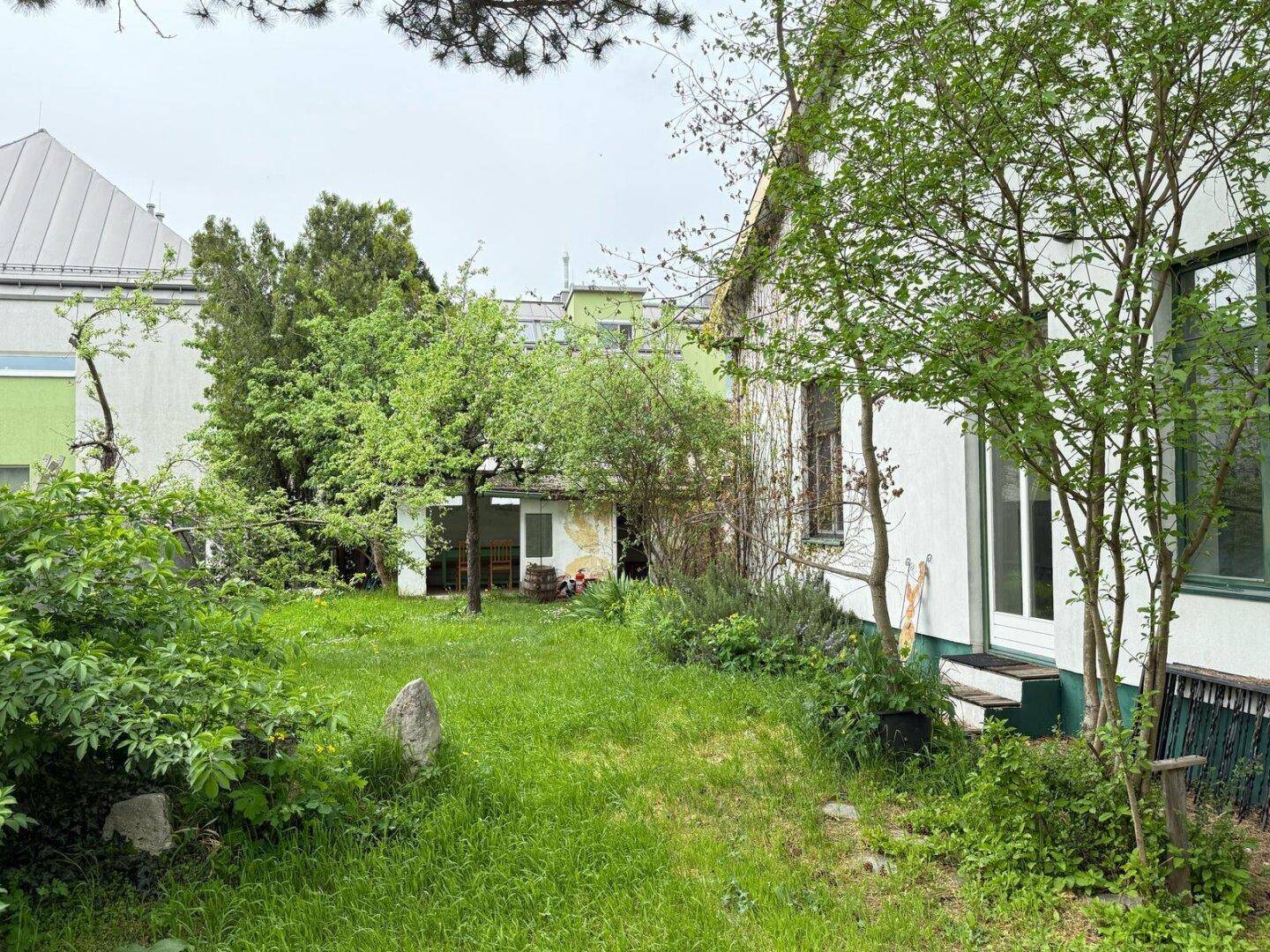 Grüner Gartenbereich mit Rasen, Bäumen und einem kleinen Nebengebäude im Hintergrund.
