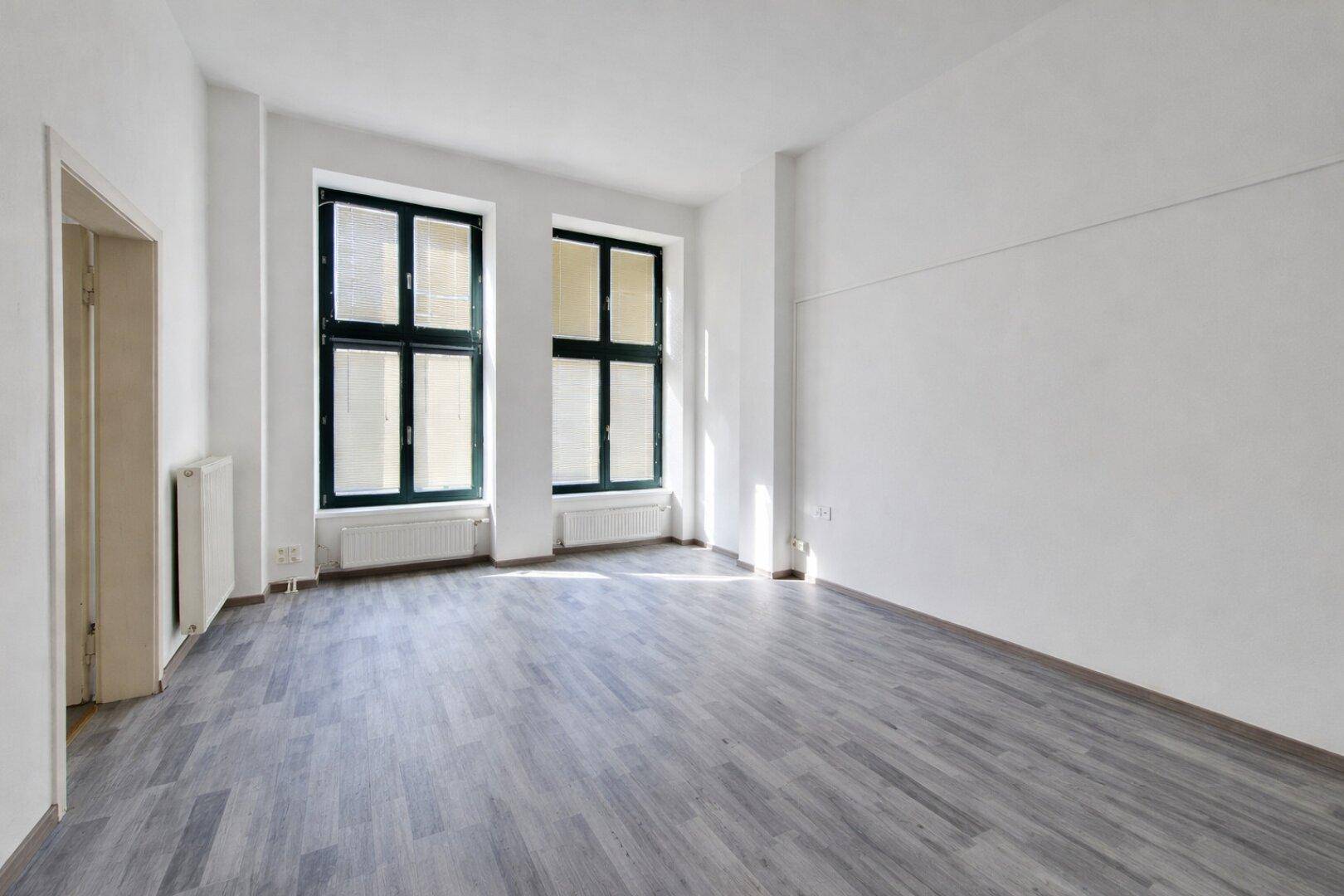 Geräumiger, heller Wohnbereich mit zwei großen Fenstern, grauem Laminatboden und weißen Wänden.