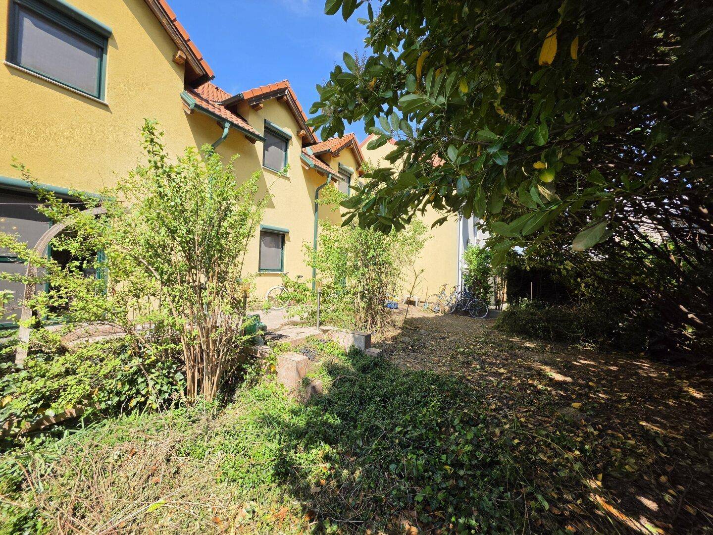 Seitenansicht des Hauses mit Garten und üppiger Vegetation an einem sonnigen Tag.