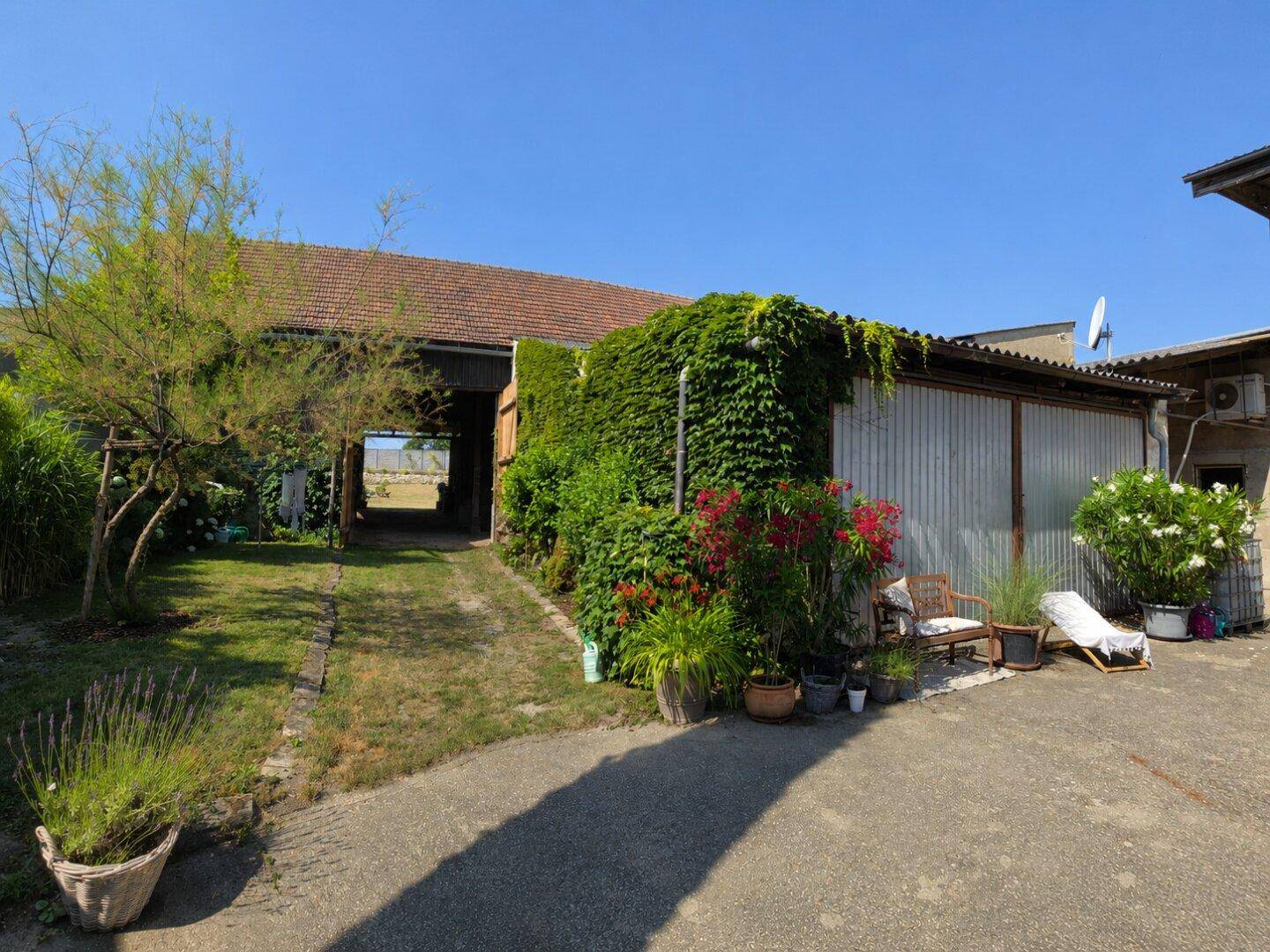 Grüner Gartenbereich mit Pflanzen, einem Weg und einem großen Scheunengebäude im Hintergrund.
