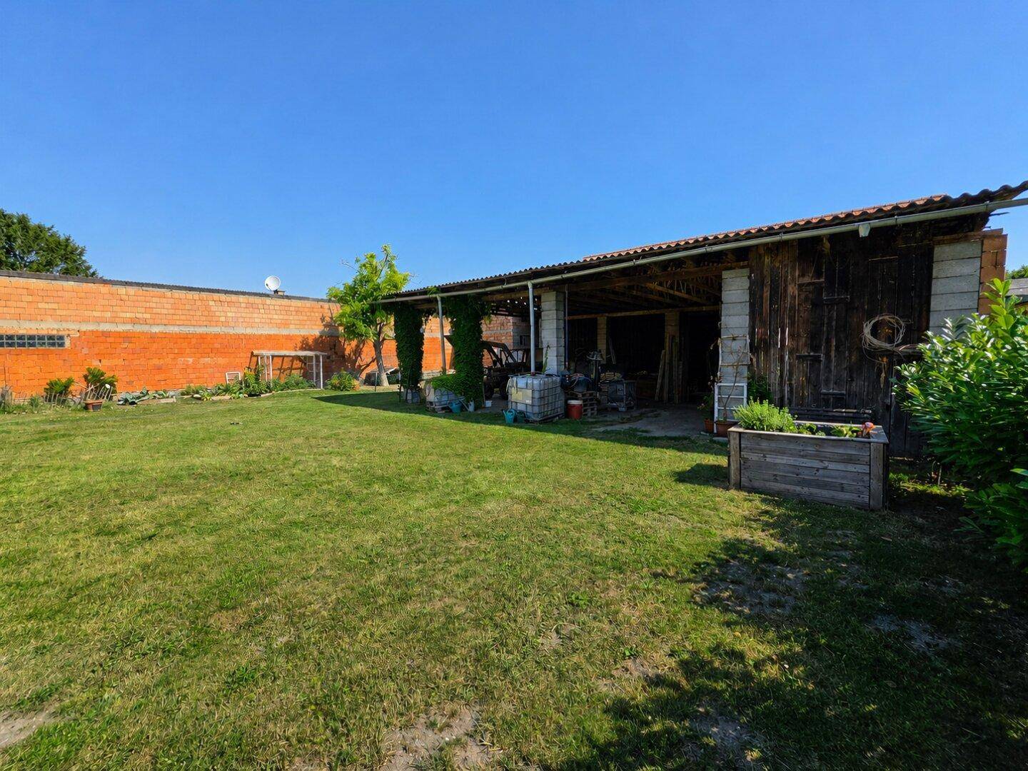 Weitläufiger Garten mit Rasenfläche und einem großen Schuppen unter strahlendem Sonnenschein.