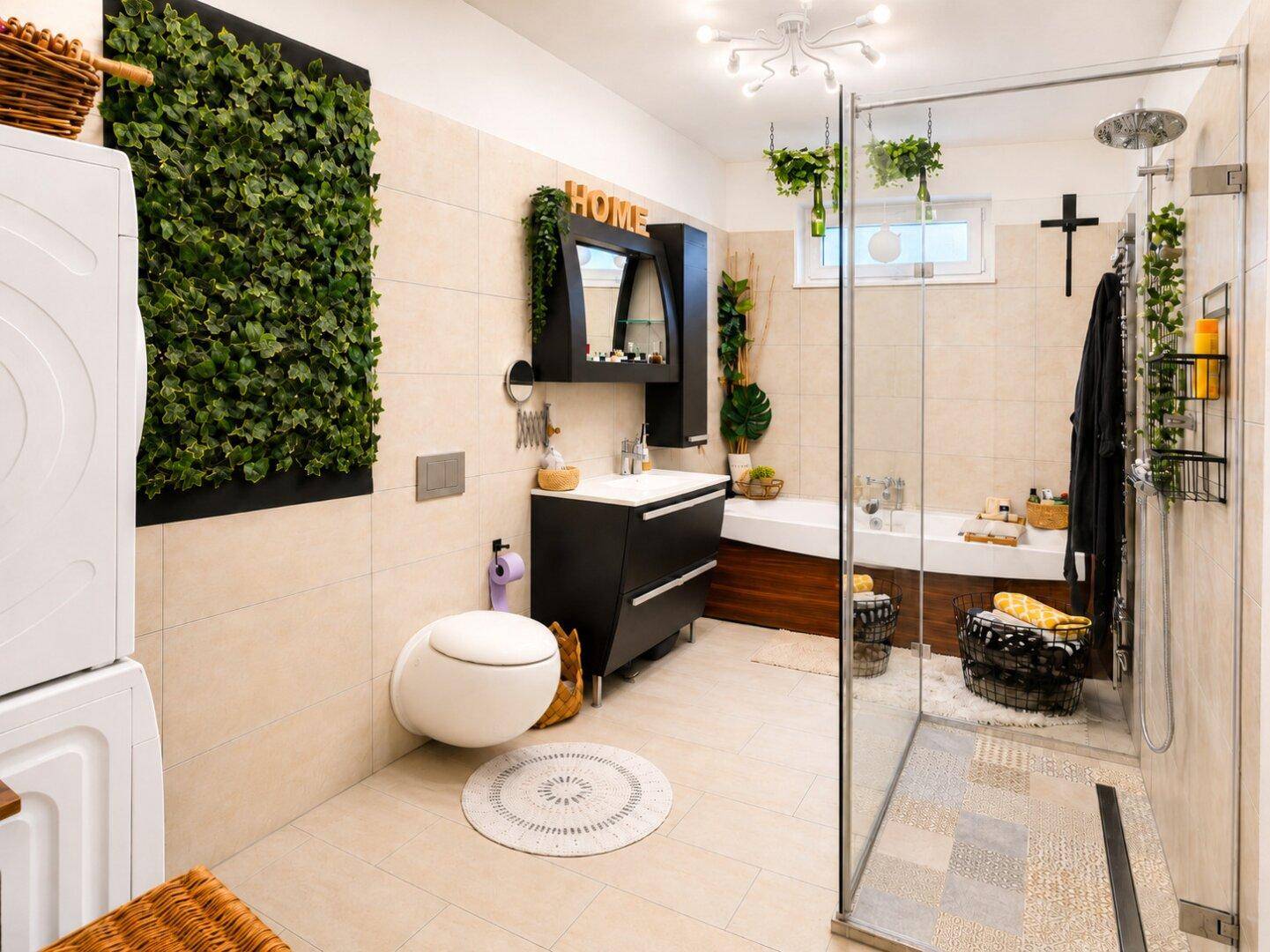 Modernes Badezimmer mit begehbarer Dusche, Wand-WC und grüner Pflanzenwanddekoration.