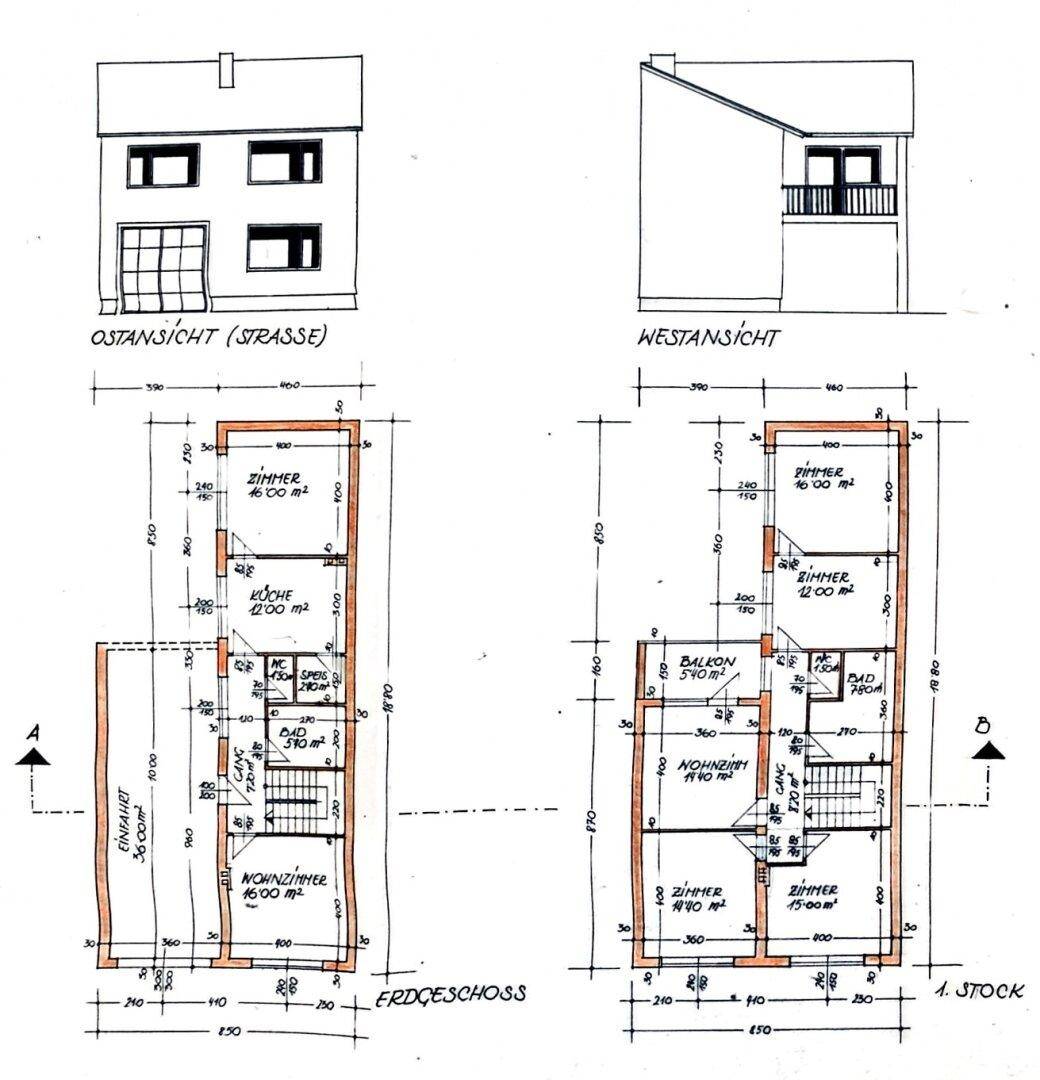 Grundriss und Ansichten eines Hauses mit Erdgeschoss und erstem Stock.