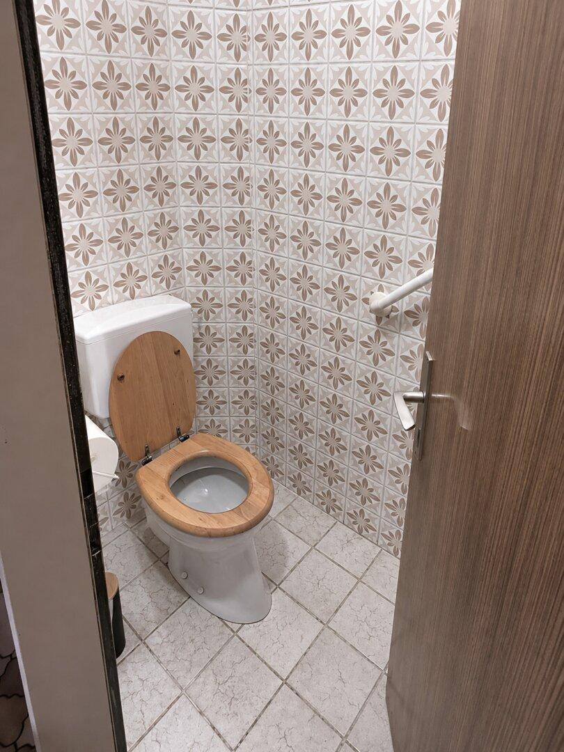 Separate Toilette mit WC, Haltegriff und gemusterten Fliesen.