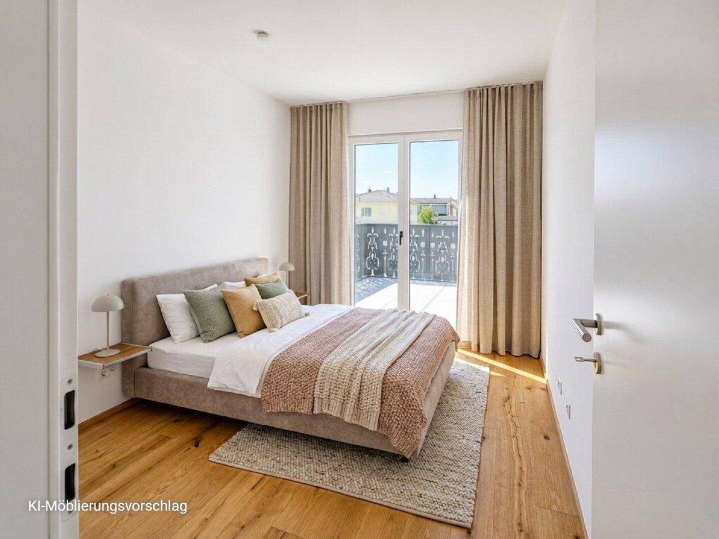 Möblierungsvorschlag für ein gemütliches Schlafzimmer mit Holzboden und Terrassenzugang.