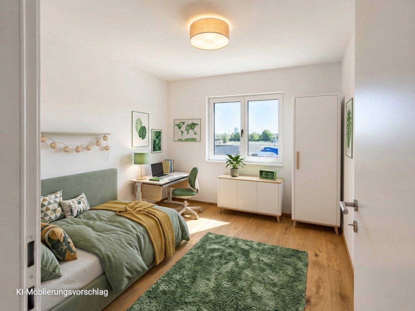 Möblierungsvorschlag für ein helles Kinderzimmer mit Holzboden und moderner Einrichtung.