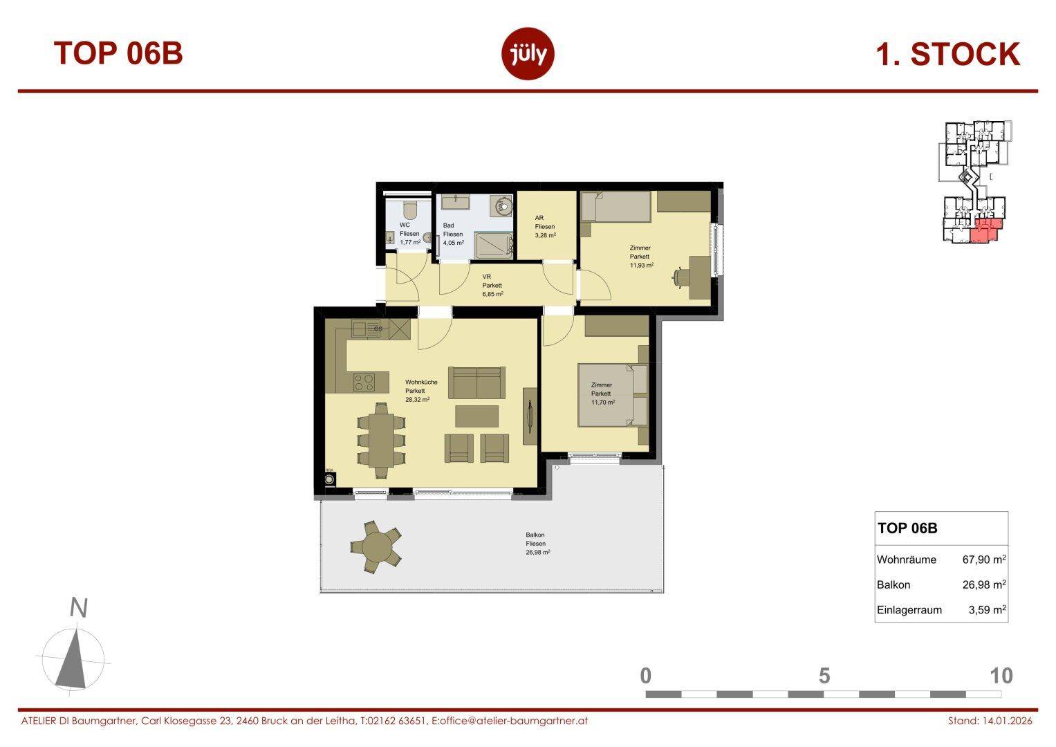 Grundriss der Wohnung TOP 06B im ersten Stock mit Balkon und Abstellraum.