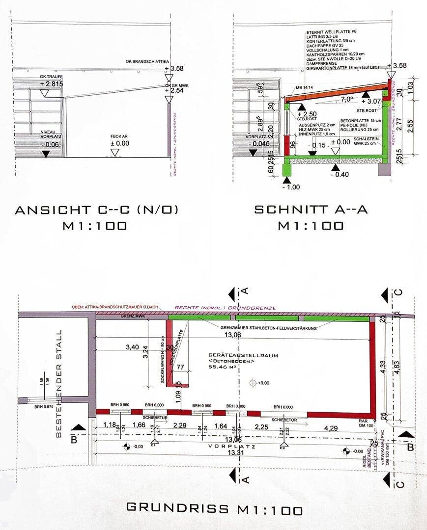Architektonische Pläne mit Grundriss, Schnitt und Ansicht eines Gebäudes mit Abstellraum und Vorplatz.
