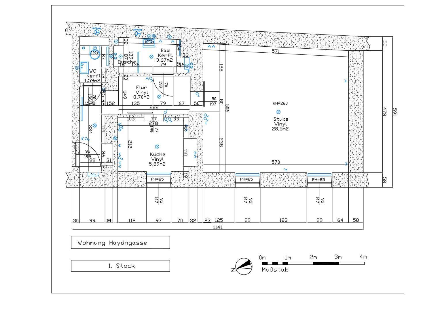 Grundriss einer Wohnung im ersten Stock mit separater Küche, Bad, WC und einem großen Wohnzimmer.
