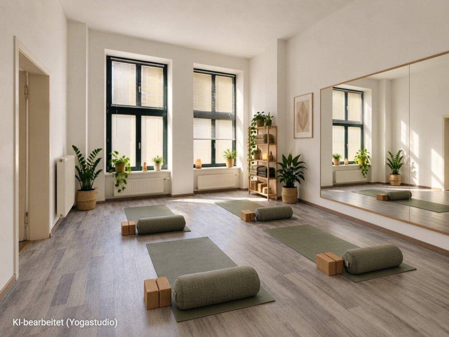 Ruhiges Yogastudio mit Holzboden, großen Spiegeln und Yogamatten, ideal für verschiedene Kurse.