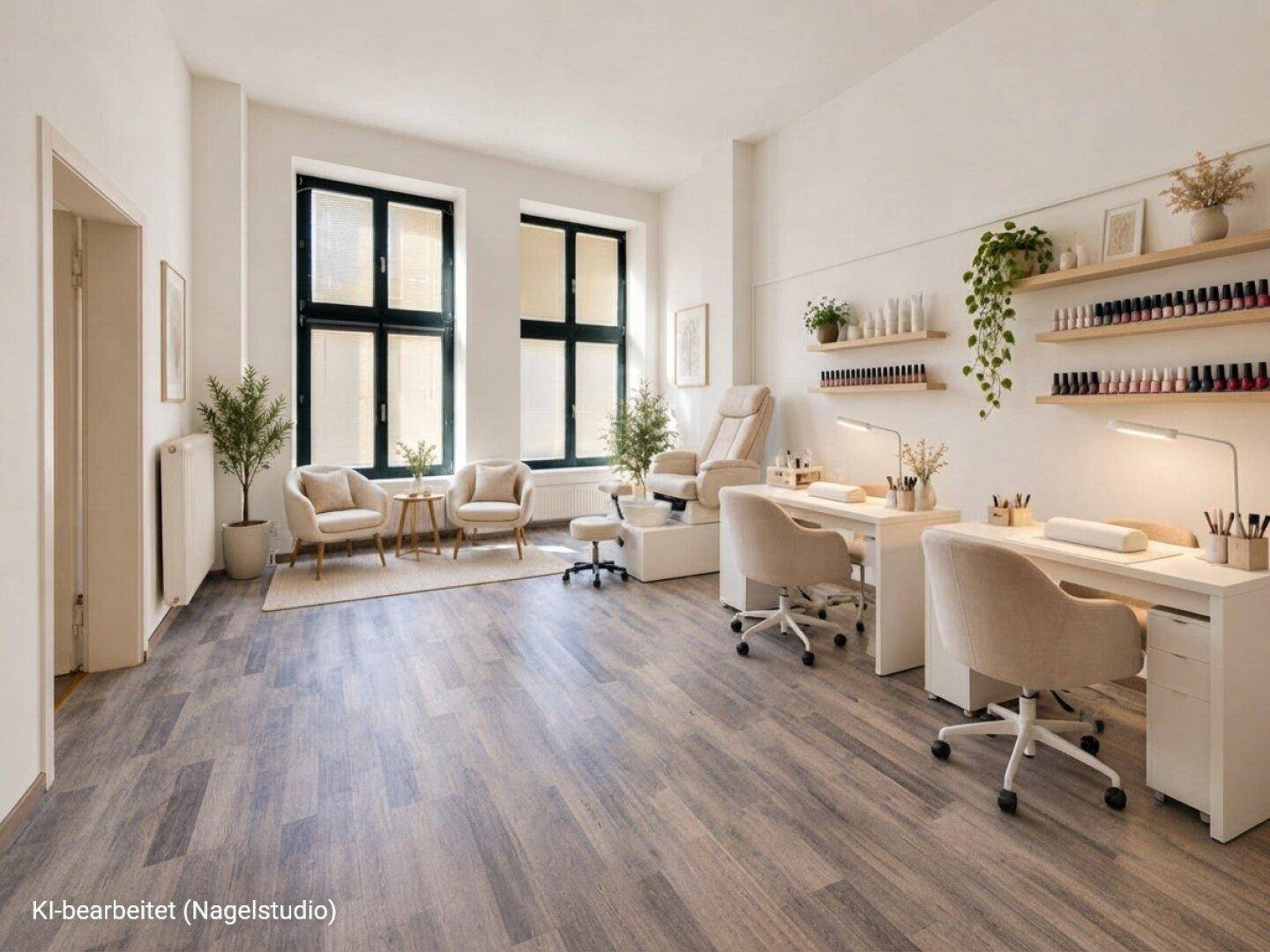 Heller und moderner Raum, eingerichtet als Nagelstudio mit mehreren Arbeitsplätzen und einem Wartebereich.