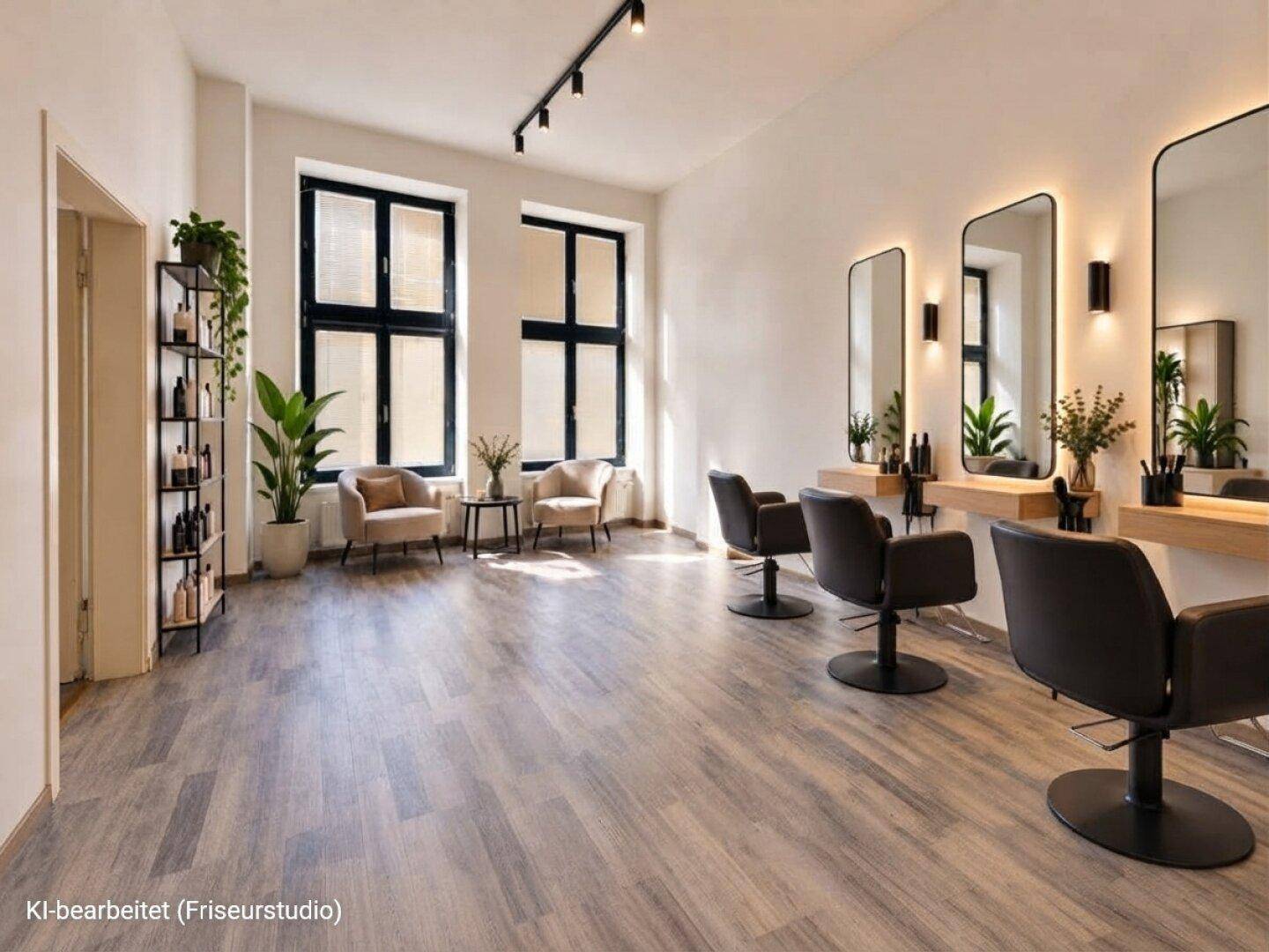 Geräumiger Friseursalon mit mehreren Bedienplätzen, großen Spiegeln und einem gemütlichen Wartebereich.
