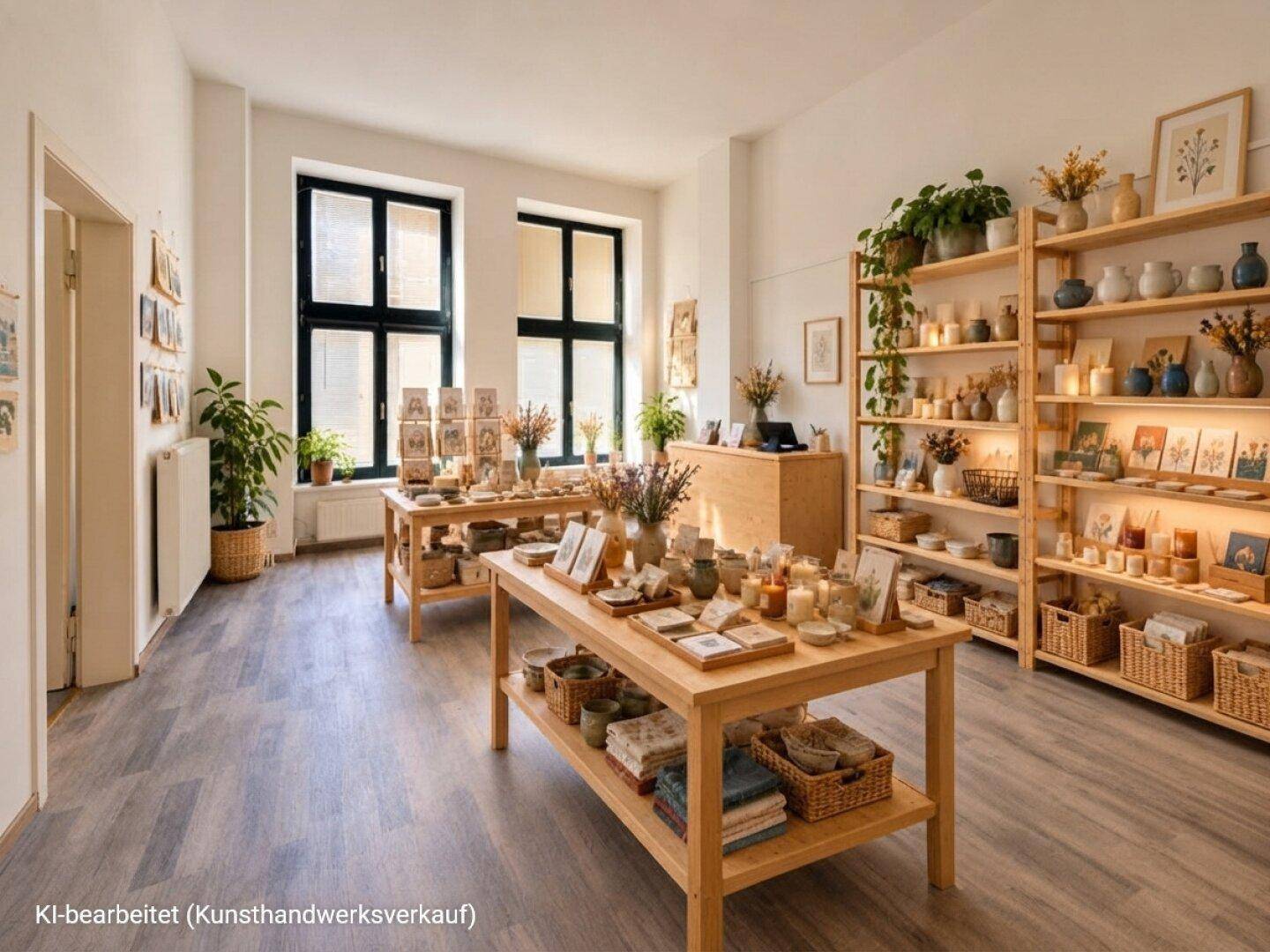 Einladender Verkaufsraum mit Holztischen und Regalen, präsentiert Kunsthandwerk und Dekorationsartikel.