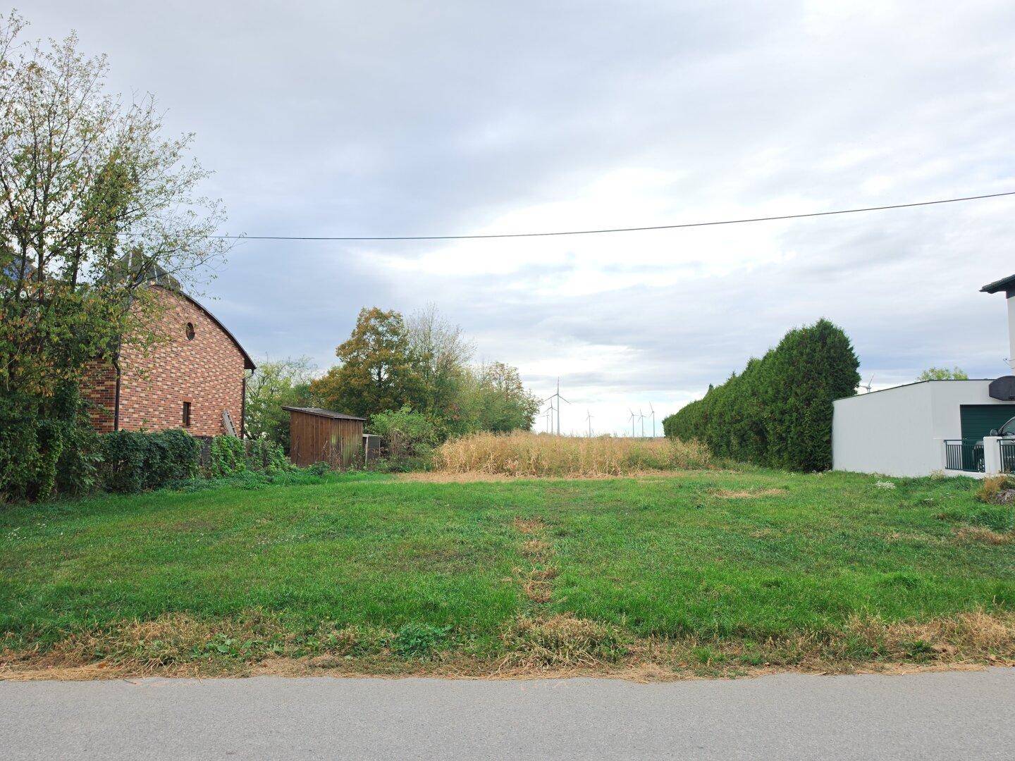 Grünfläche mit angrenzenden Häusern und einem Schuppen im Hintergrund unter bewölktem Himmel.