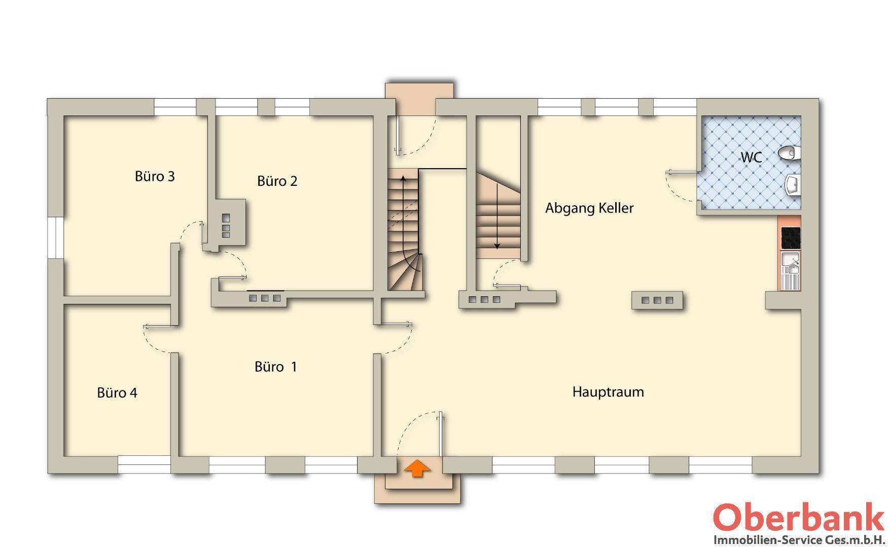 Grundriss des Erdgeschosses mit Hauptraum, vier Büros und WC-Bereich, inklusive Treppe und Kellerabgang.