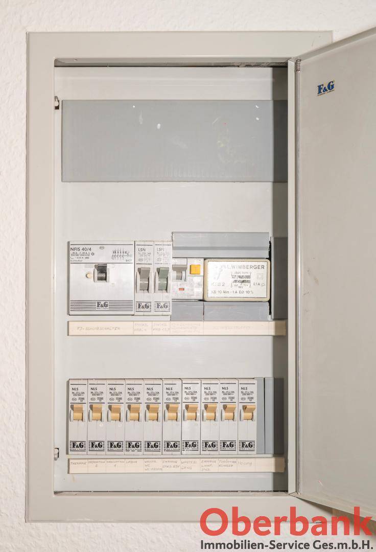 Elektrischer Sicherungskasten mit mehreren Schaltern und Beschriftungen an einer weißen Wand.