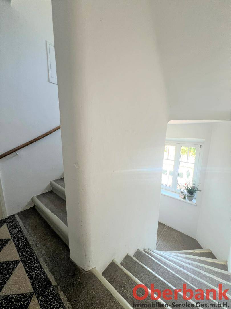 Treppenhaus mit geschwungener Wand und Fenster, das natürliches Licht hereinlässt.